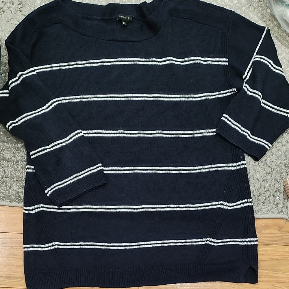 Talbots Women's Dark Blue and White Striped Crewneck Sweater